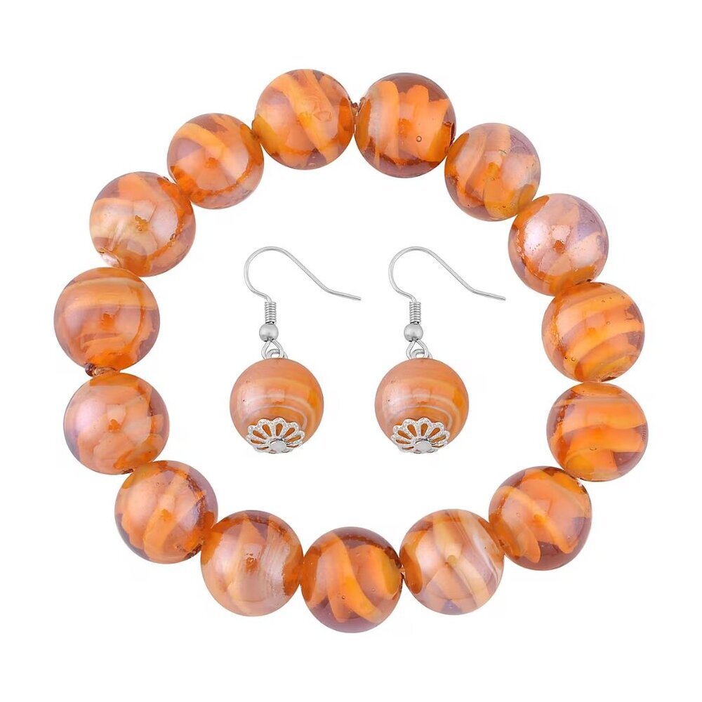 Champagne Color Beaded Stretch Bracelet and Dangle Earrings in Stainless Steel
